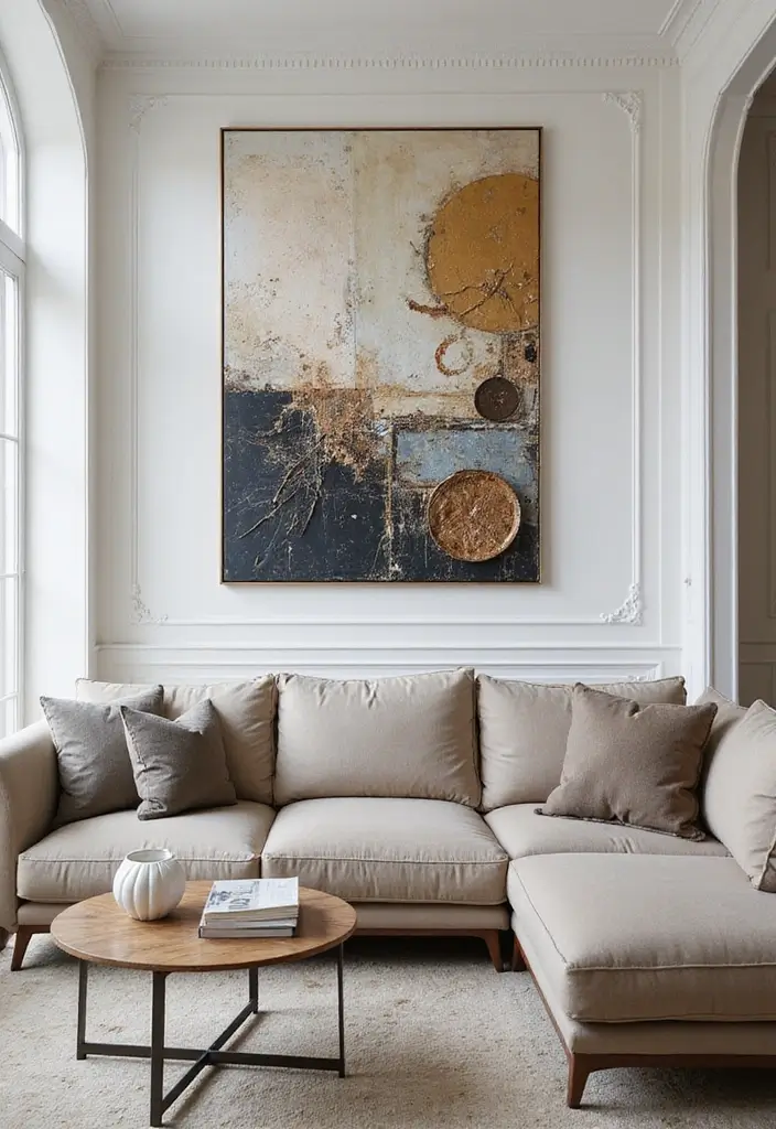 27 Living Room Art Above Couch Ideas That Look Balanced and Elegant - 10. Mixed Media Artwork