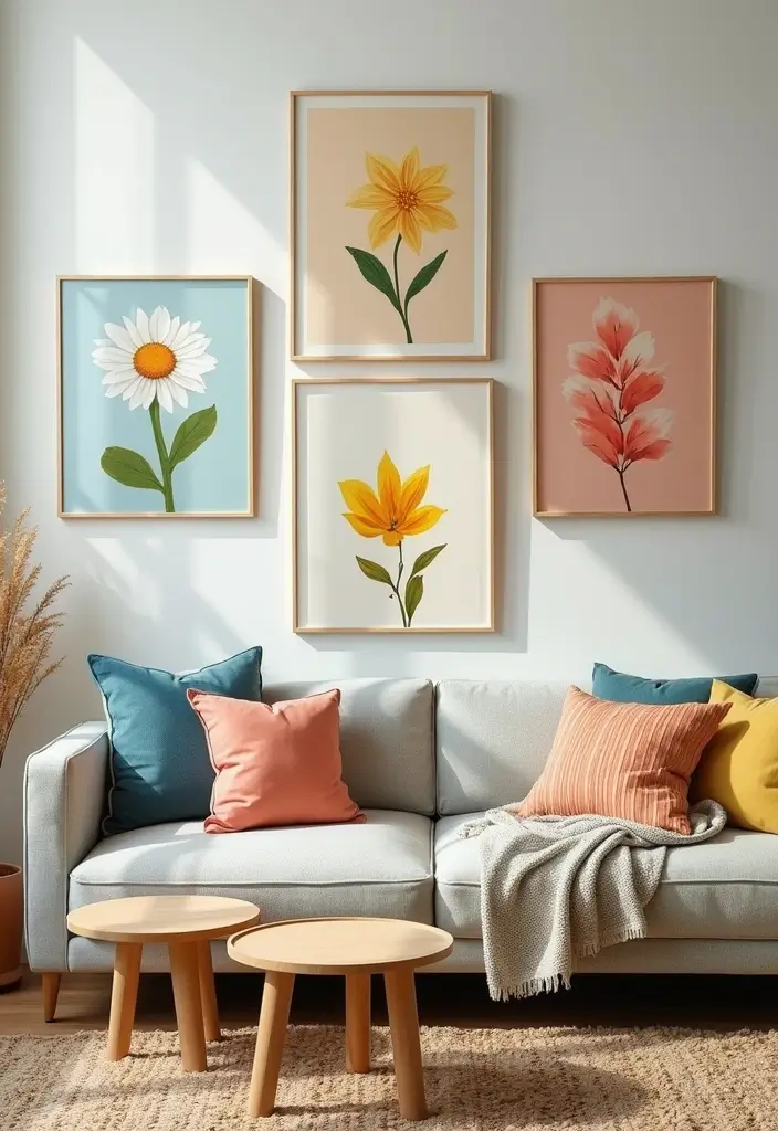 27 Living Room Art Above Couch Ideas That Look Balanced and Elegant - 14. Seasonal Artwork Swaps