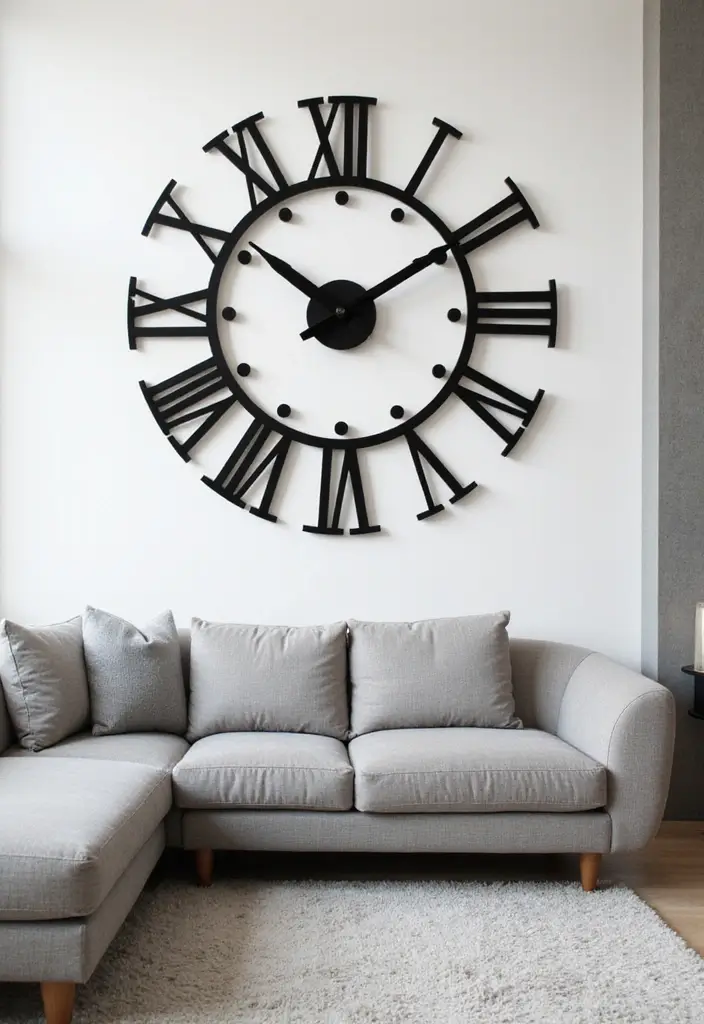 27 Living Room Art Above Couch Ideas That Look Balanced and Elegant - 15. Artistic Clocks