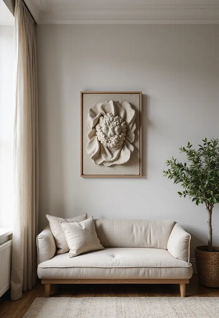 27 Living Room Art Above Couch Ideas That Look Balanced and Elegant - 16. Sculptural Wall Art