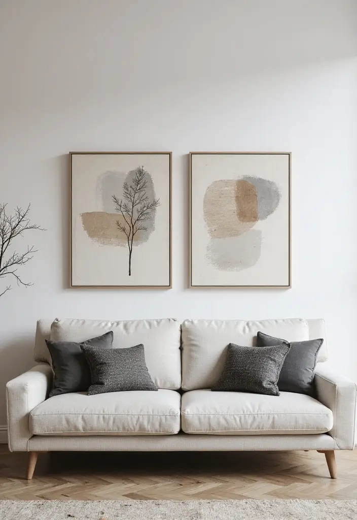 27 Living Room Art Above Couch Ideas That Look Balanced and Elegant - 17. Canvas Diptychs