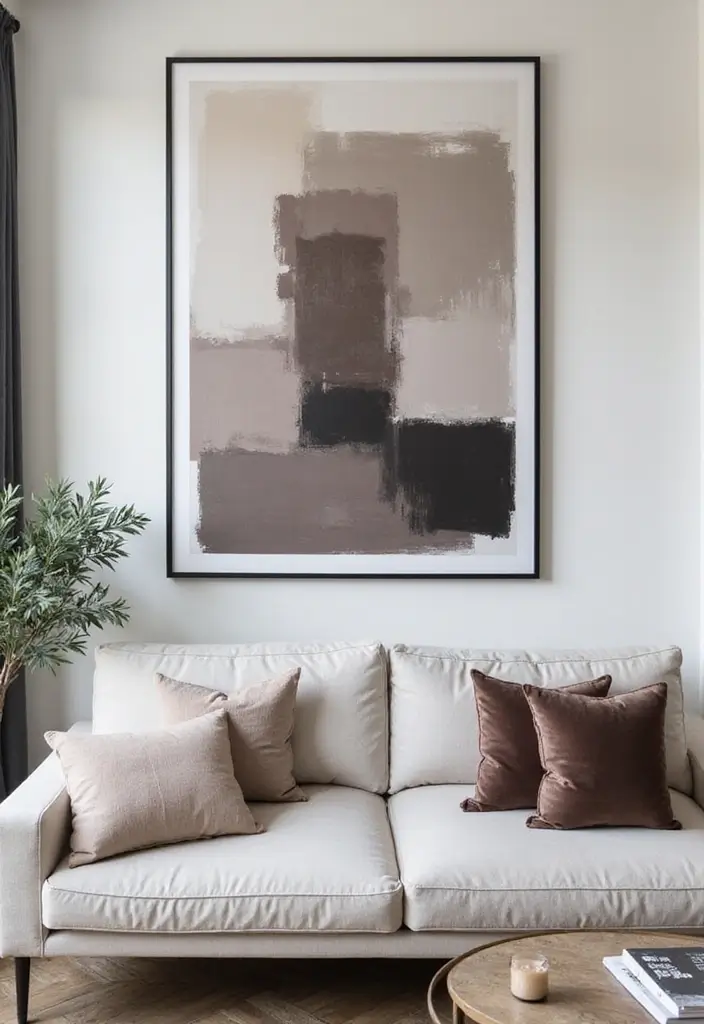 27 Living Room Art Above Couch Ideas That Look Balanced and Elegant - 19. Monochromatic Art
