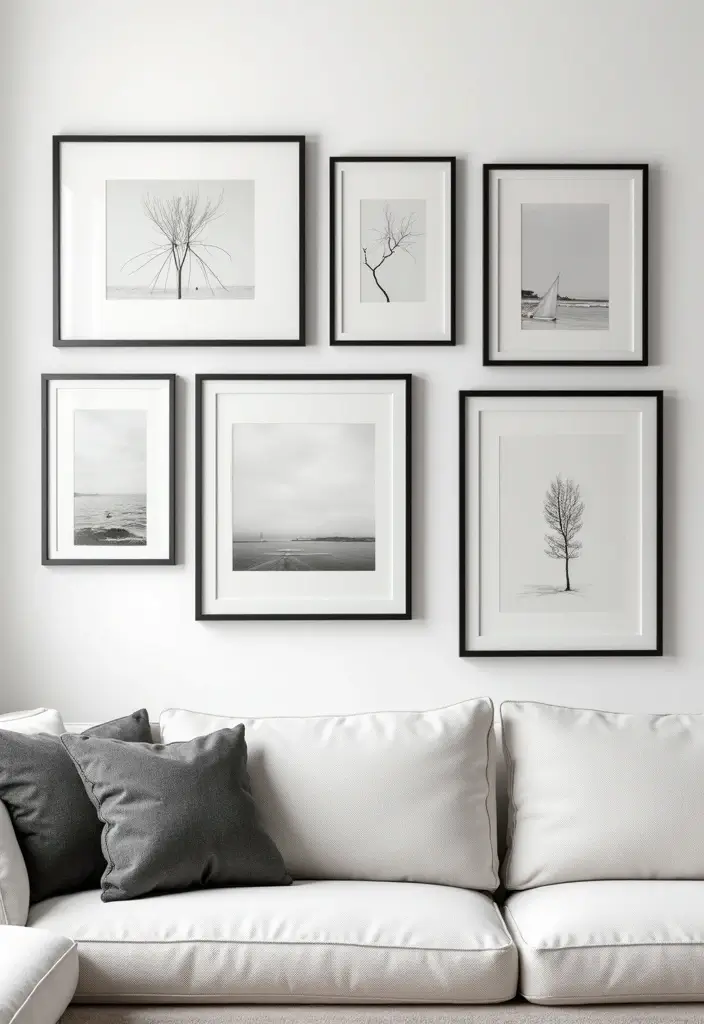 27 Living Room Art Above Couch Ideas That Look Balanced and Elegant - 2. Minimalist Gallery Wall