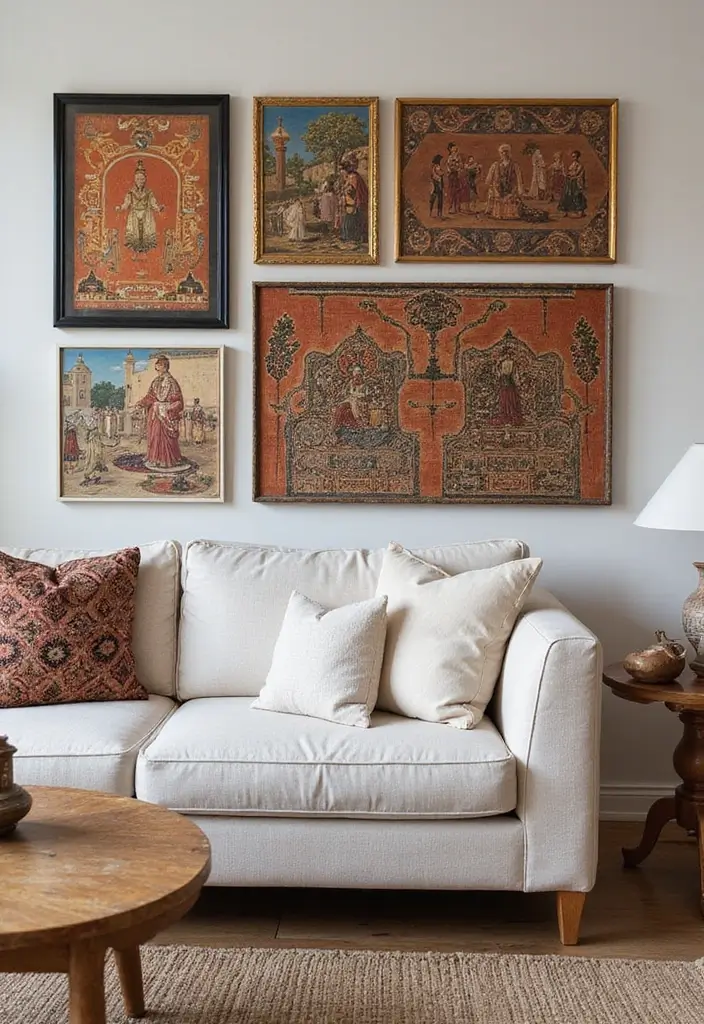 27 Living Room Art Above Couch Ideas That Look Balanced and Elegant - 20. Art with Cultural Significance