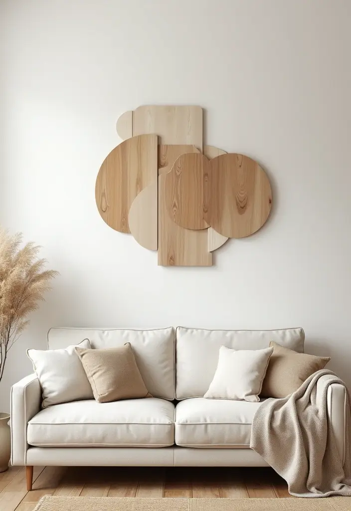 27 Living Room Art Above Couch Ideas That Look Balanced and Elegant - 21. Minimalist Wood Art