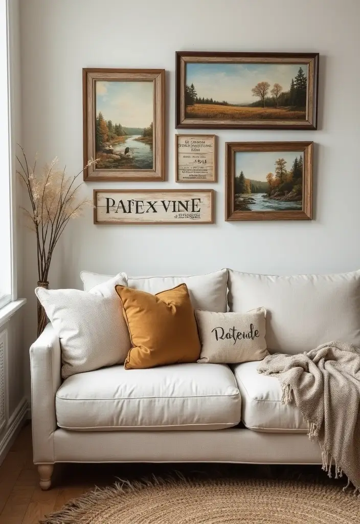 27 Living Room Art Above Couch Ideas That Look Balanced and Elegant - 25. Rustic Farmhouse Decor