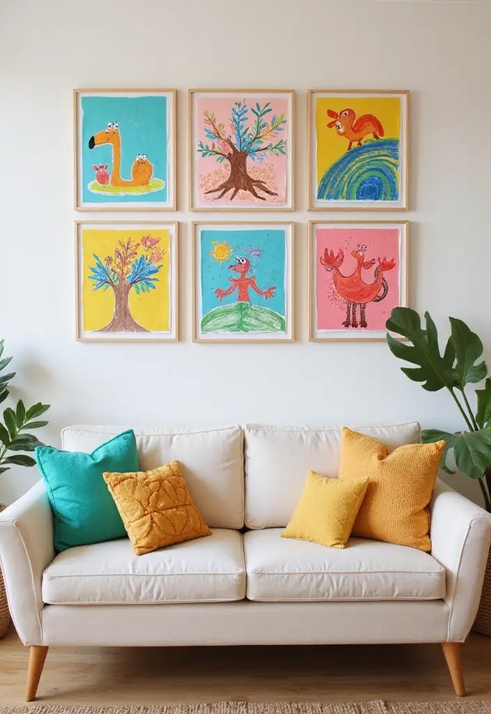 27 Living Room Art Above Couch Ideas That Look Balanced and Elegant - 27. Playful Kids' Art Display