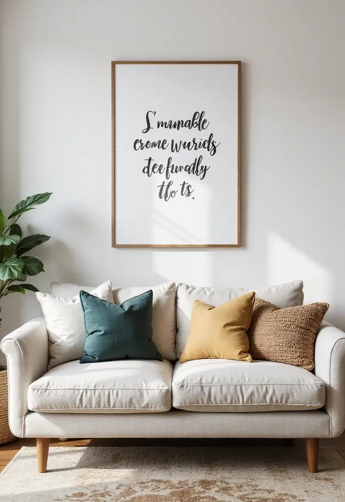 27 Living Room Art Above Couch Ideas That Look Balanced and Elegant - 4. Framed Quotes