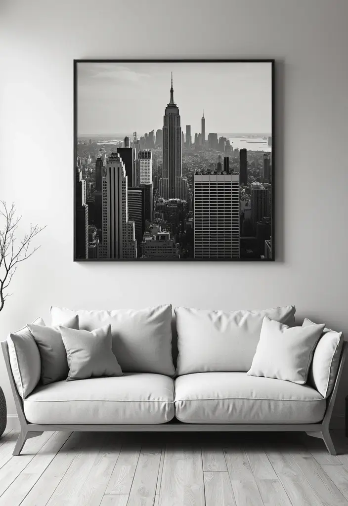 27 Living Room Art Above Couch Ideas That Look Balanced and Elegant - 5. Large Scale Black and White Photography