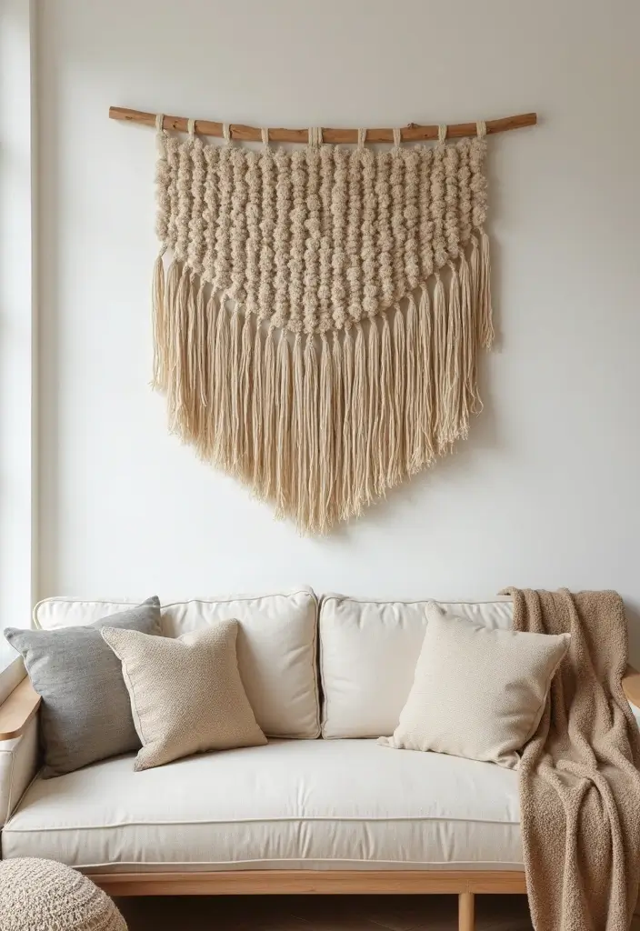27 Living Room Art Above Couch Ideas That Look Balanced and Elegant - 6. Textured Wall Hangings