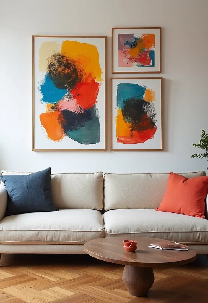 27 Living Room Art Above Couch Ideas That Look Balanced and Elegant - 7. Colorful Framed Art