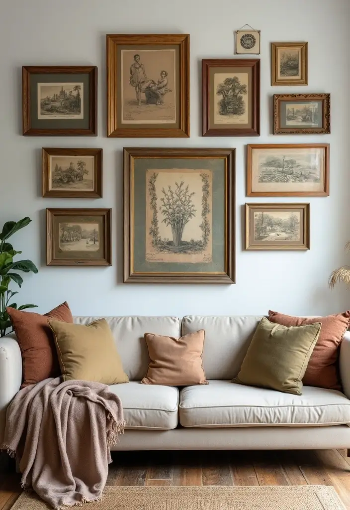 27 Living Room Art Above Couch Ideas That Look Balanced and Elegant - 8. Vintage Finds