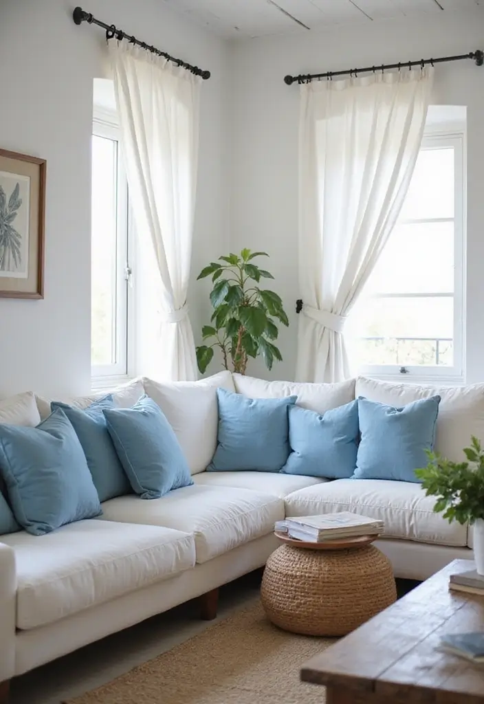 27 Mediterranean Living Room Ideas That Feel Bright and Breezy - 1. Soft Blue and White Palette