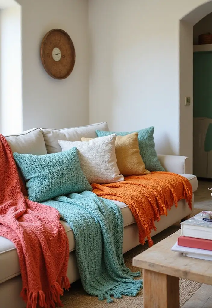 27 Mediterranean Living Room Ideas That Feel Bright and Breezy - 10. Colorful Throw Blankets