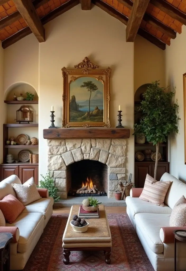 27 Mediterranean Living Room Ideas That Feel Bright and Breezy - 16. Charming Fireplaces
