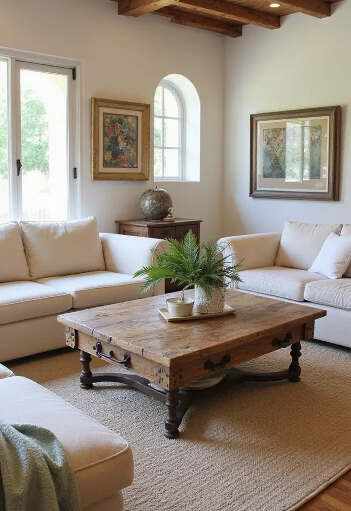 27 Mediterranean Living Room Ideas That Feel Bright and Breezy - 18. Rustic Coffee Tables