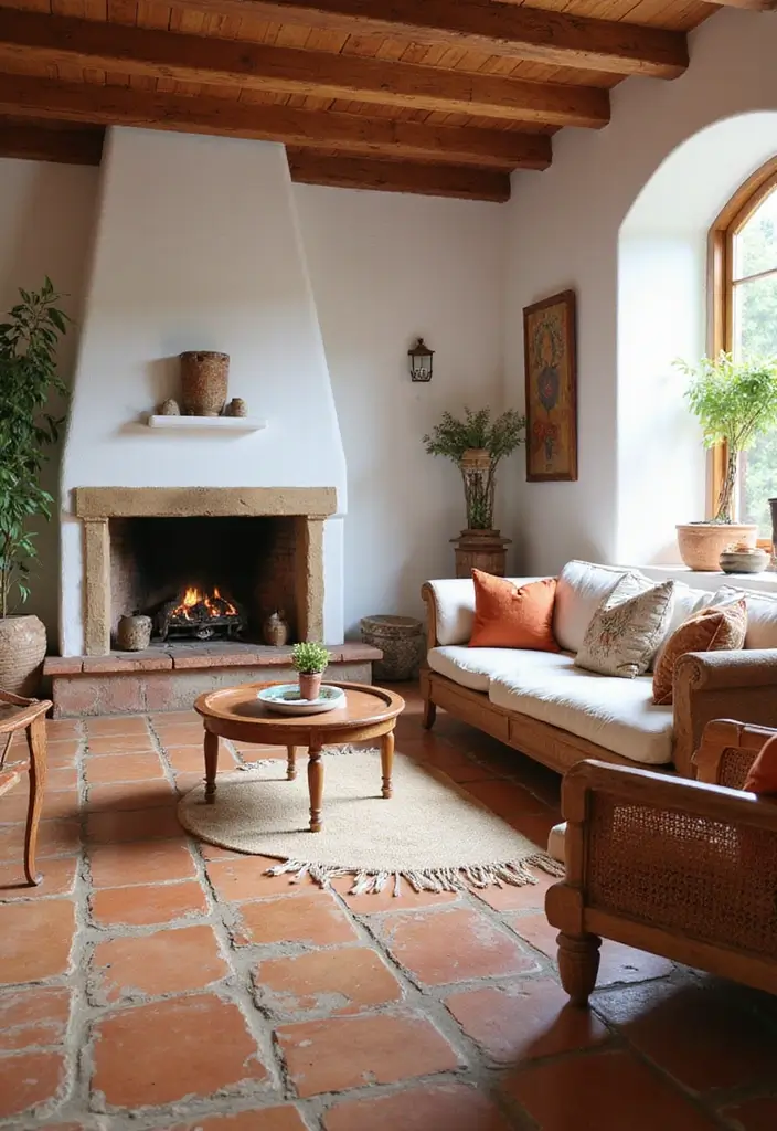 27 Mediterranean Living Room Ideas That Feel Bright and Breezy - 4. Bold Terracotta Tiles