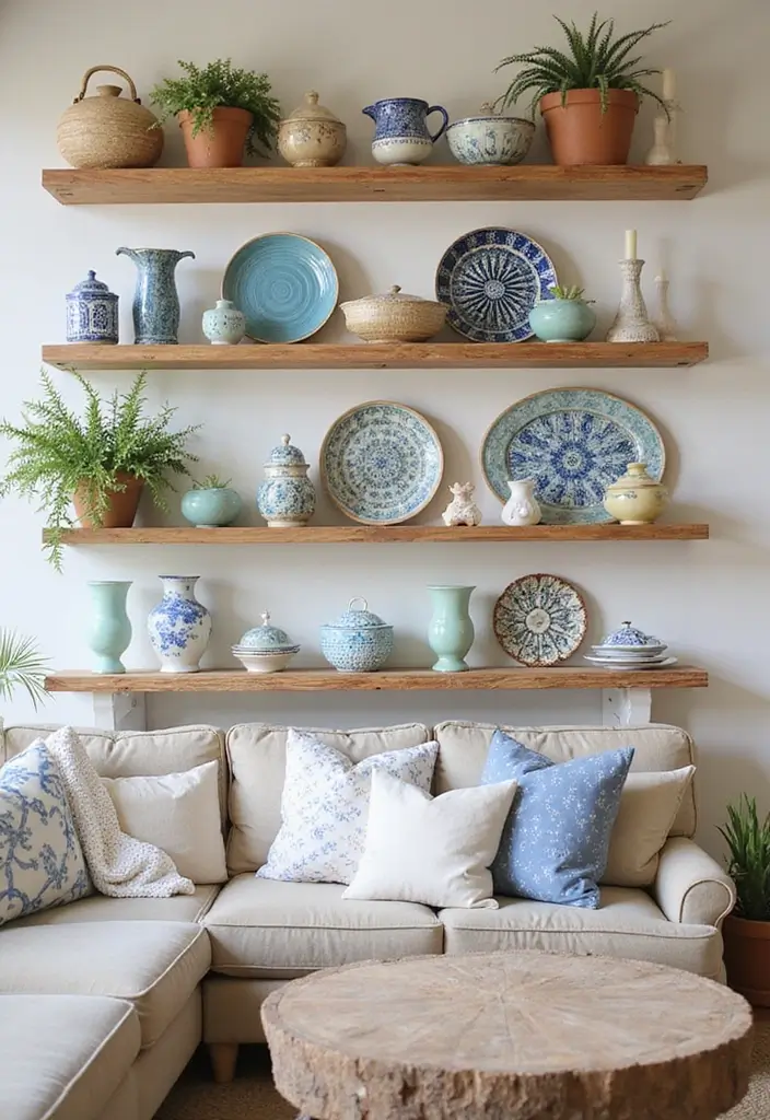 27 Mediterranean Living Room Ideas That Feel Bright and Breezy - 5. Open Shelf Display