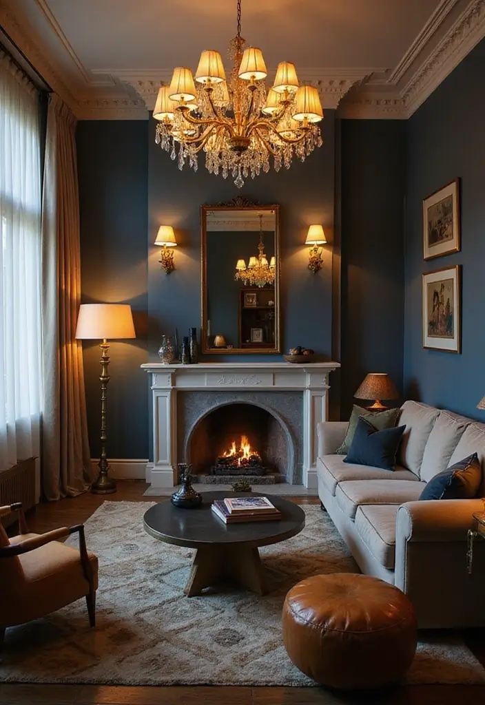 27 Navy and Tan Living Room Ideas That Feel Classic and Warm - 12. Play with Lighting
