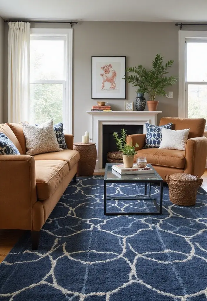 27 Navy and Tan Living Room Ideas That Feel Classic and Warm - 13. Using Navy in Rugs