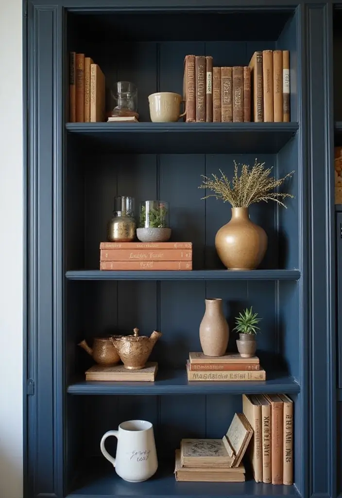 27 Navy and Tan Living Room Ideas That Feel Classic and Warm - 14. Curated Bookshelves