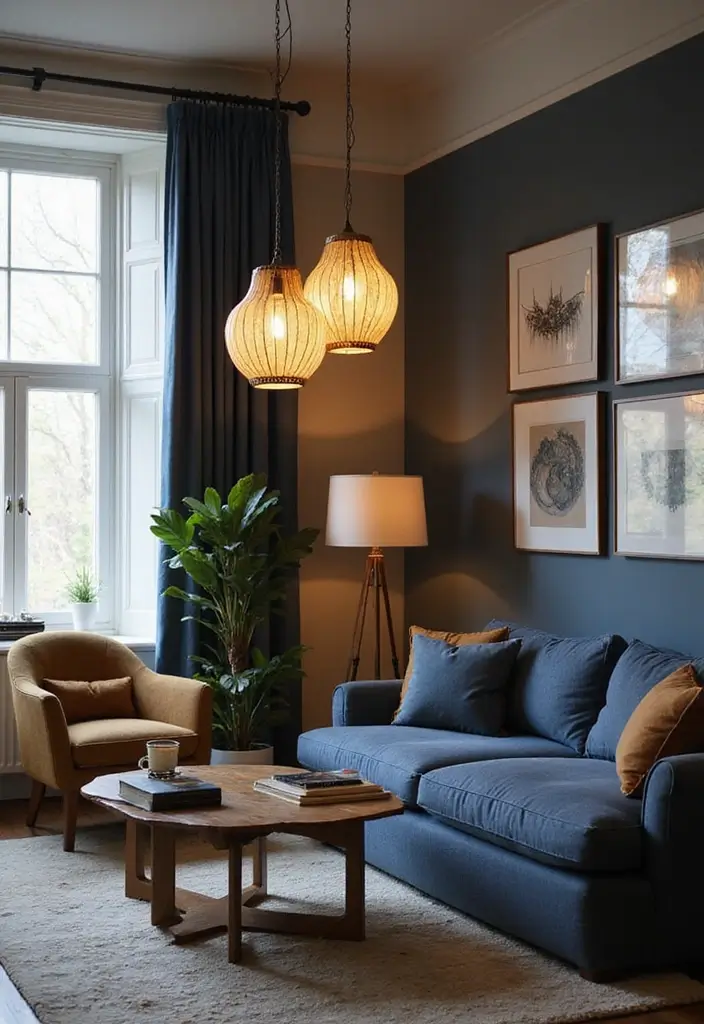 27 Navy and Tan Living Room Ideas That Feel Classic and Warm - 15. Artistic Light Fixtures