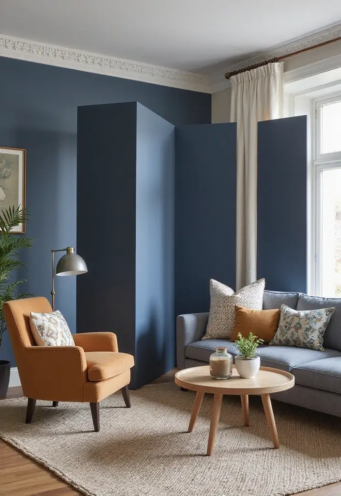 27 Navy and Tan Living Room Ideas That Feel Classic and Warm - 16. Stylish Area Dividers