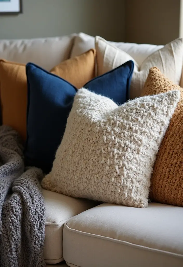 27 Navy and Tan Living Room Ideas That Feel Classic and Warm - 17. Textured Pillows and Throws
