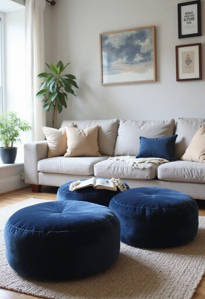27 Navy and Tan Living Room Ideas That Feel Classic and Warm - 19. Plush Poufs