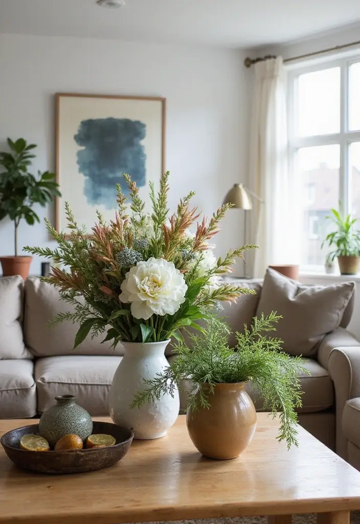 27 Navy and Tan Living Room Ideas That Feel Classic and Warm - 20. Fresh Flowers and Greenery