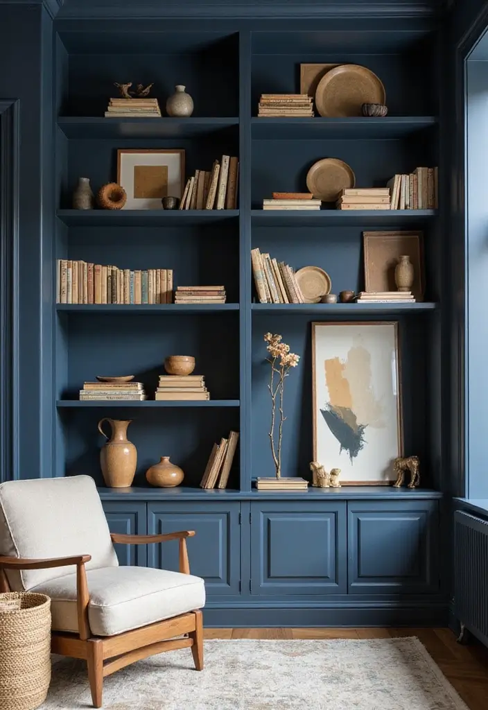 27 Navy and Tan Living Room Ideas That Feel Classic and Warm - 21. Embracing Open Shelving