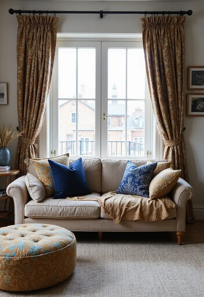 27 Navy and Tan Living Room Ideas That Feel Classic and Warm - 22. Mixing Patterns