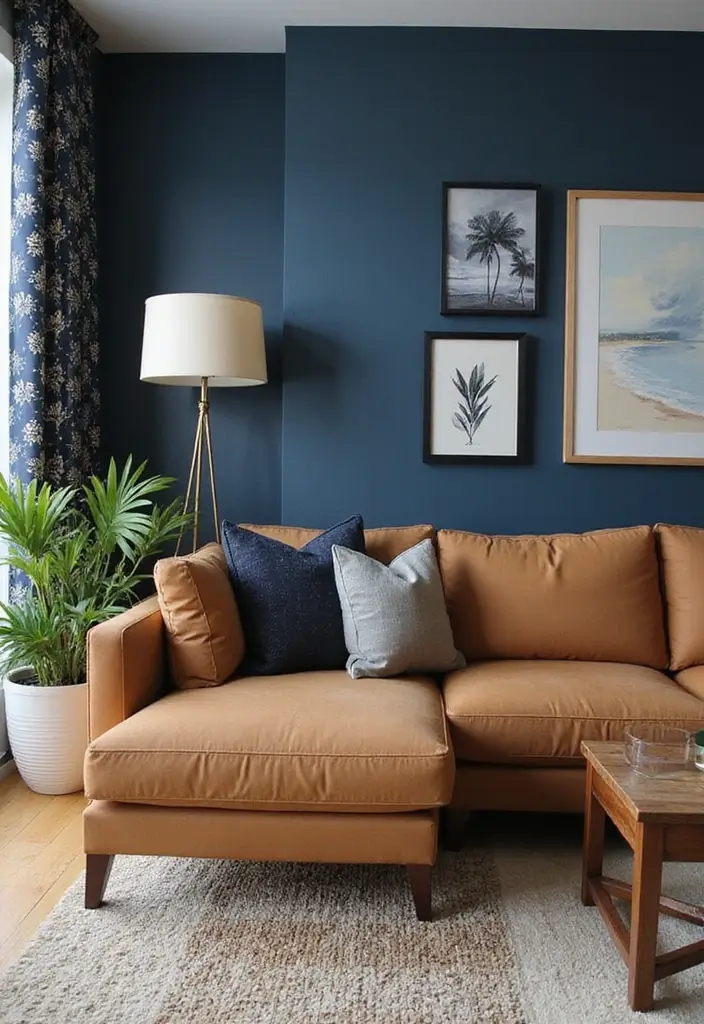 27 Navy and Tan Living Room Ideas That Feel Classic and Warm - 25. Playful Accent Walls