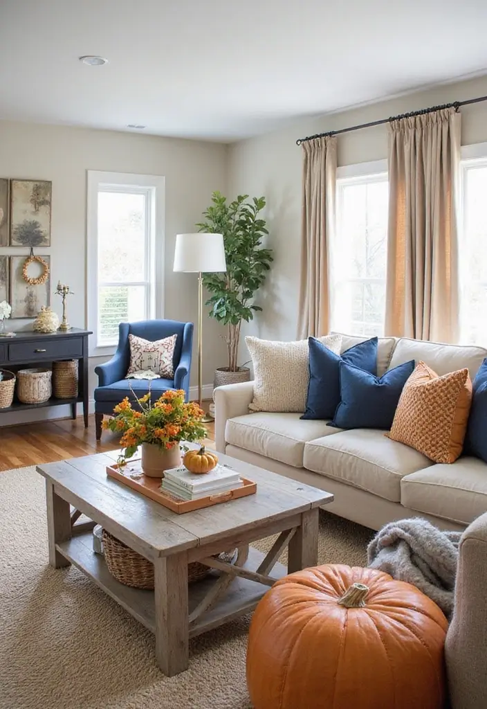 27 Navy and Tan Living Room Ideas That Feel Classic and Warm - 27. Seasonal Decor Changes
