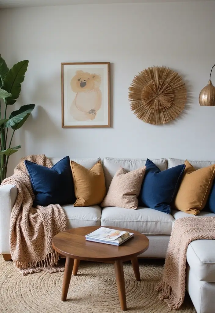 27 Navy and Tan Living Room Ideas That Feel Classic and Warm - 4. Layering Textures for Warmth