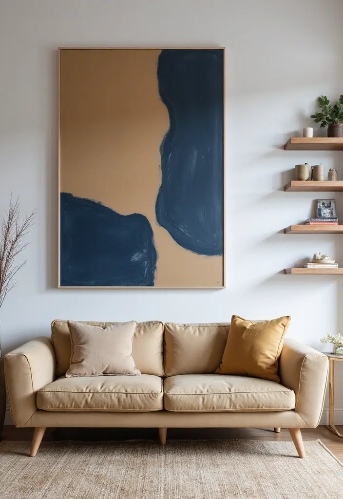 27 Navy and Tan Living Room Ideas That Feel Classic and Warm - 5. Statement Wall Art