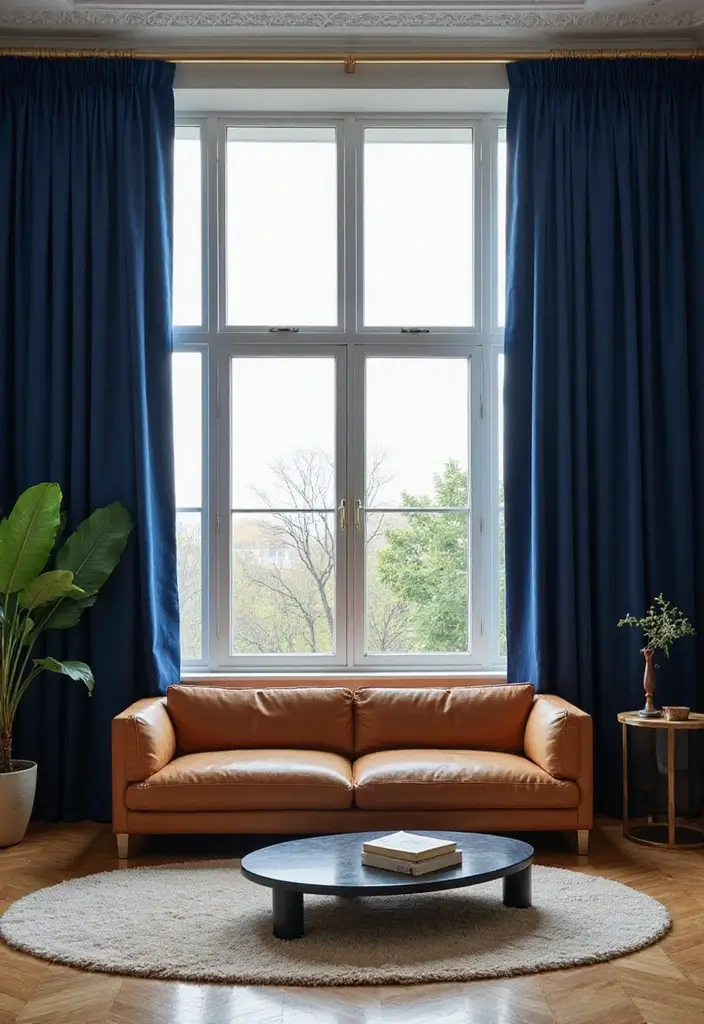 27 Navy and Tan Living Room Ideas That Feel Classic and Warm - 7. Floor-to-Ceiling Drapes