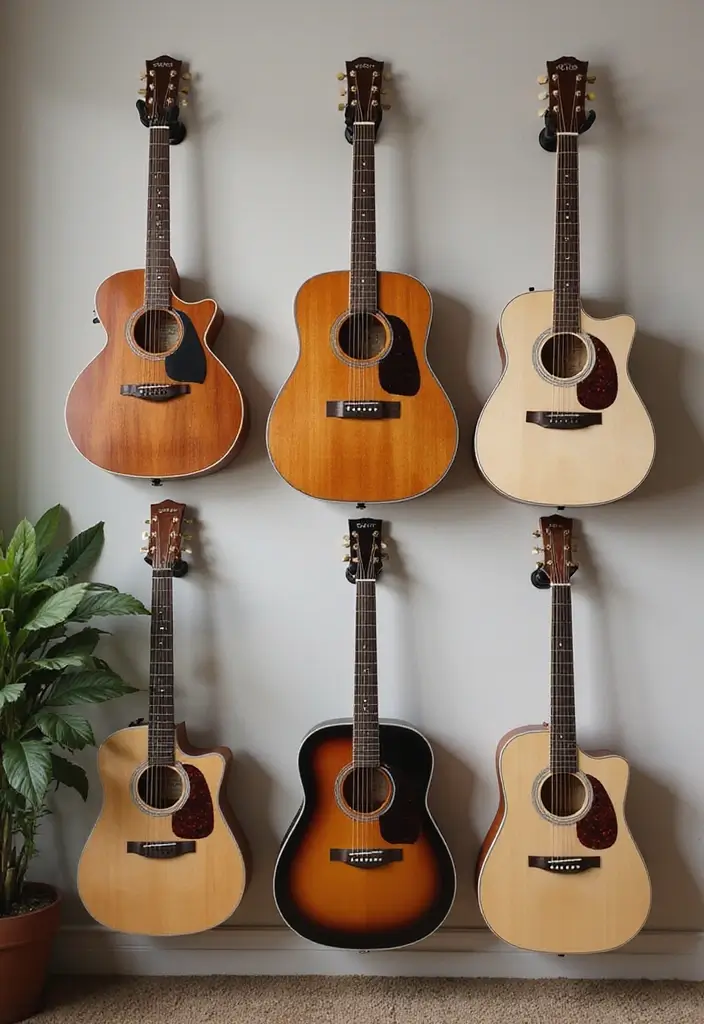 27 Rock n Roll Living Room Ideas That Feel Bold and Vintage - 10. Wall-mounted Guitar Displays