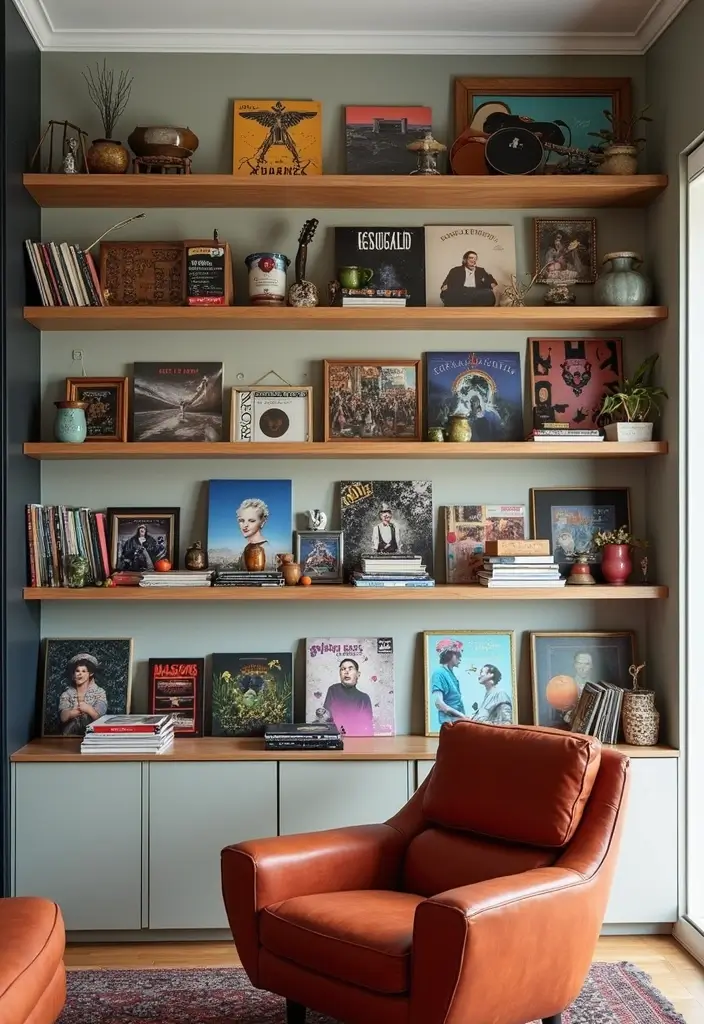 27 Rock n Roll Living Room Ideas That Feel Bold and Vintage - 14. Artful Shelving