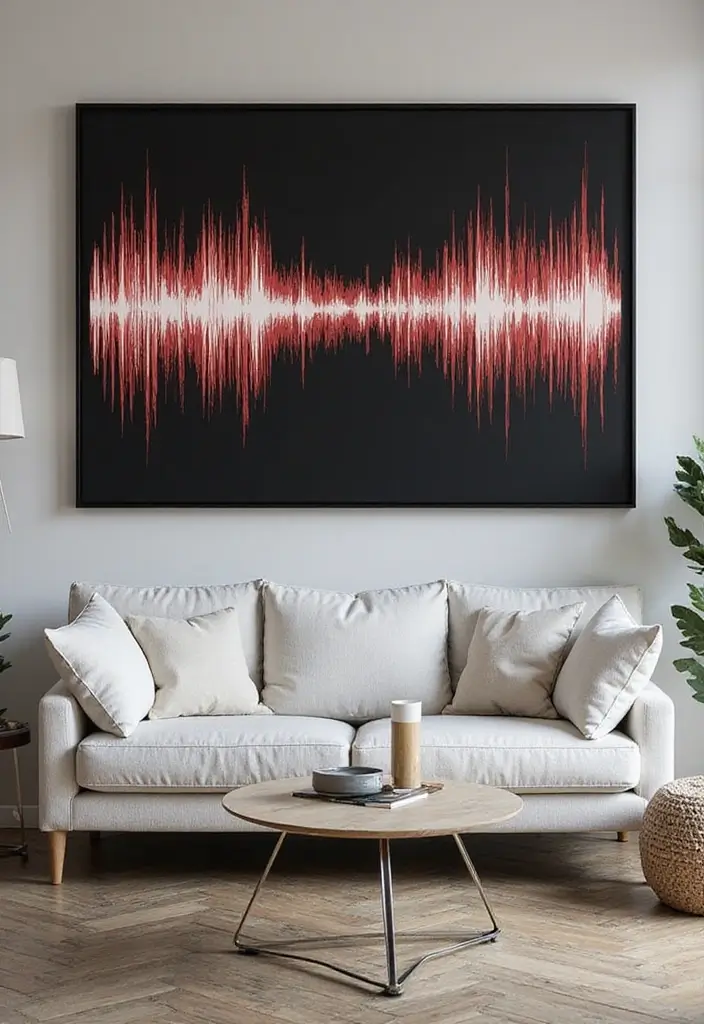 27 Rock n Roll Living Room Ideas That Feel Bold and Vintage - 24. Sound Wave Art