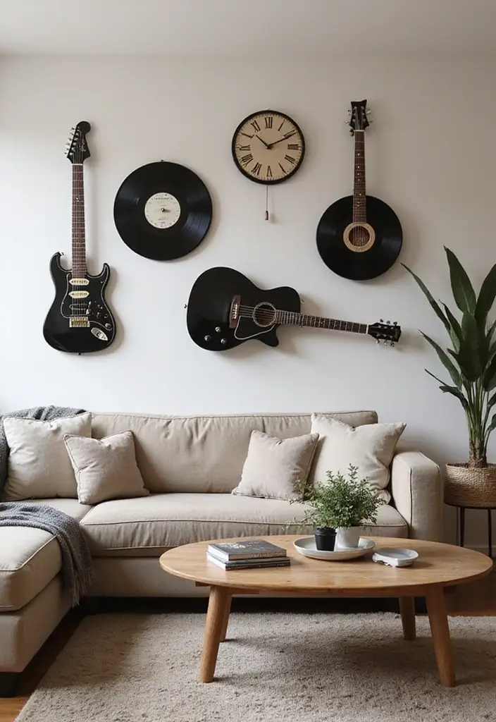 27 Rock n Roll Living Room Ideas That Feel Bold and Vintage - 27. Rock n Roll Inspired Wall Clocks