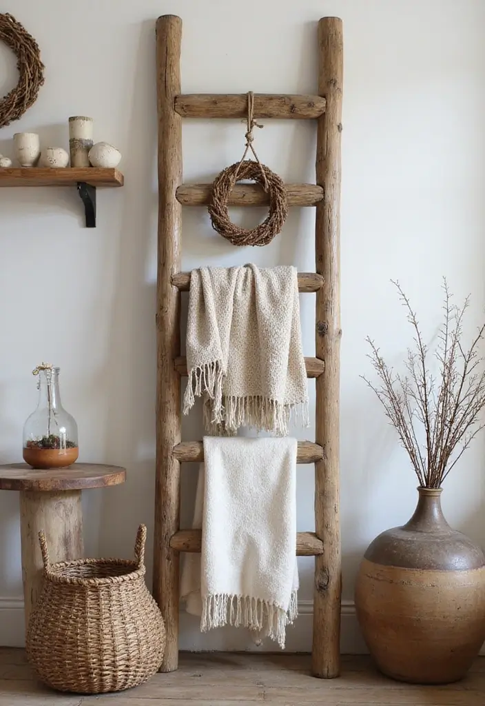 27 Rustic Wall Decor for Living Room Ideas That Add Texture and Charm - 12. Decorative Ladder Displays