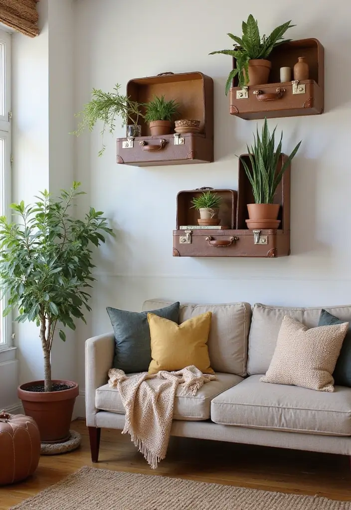 27 Rustic Wall Decor for Living Room Ideas That Add Texture and Charm - 16. Vintage Suitcase Displays
