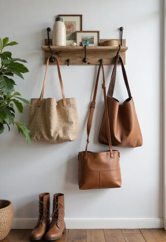 27 Rustic Wall Decor for Living Room Ideas That Add Texture and Charm - 17. Rustic Hooks and Hangers