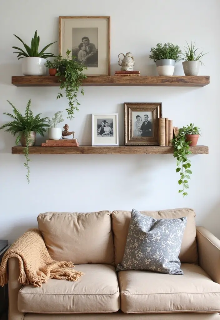 27 Rustic Wall Decor for Living Room Ideas That Add Texture and Charm - 2. Floating Shelves with Rustic Accents