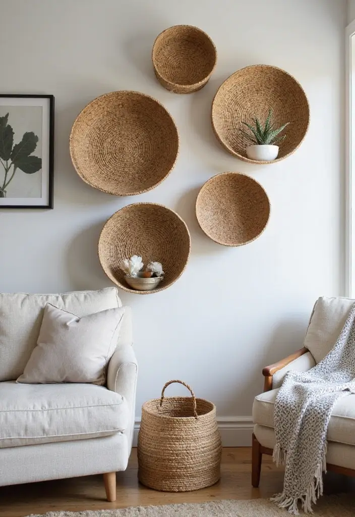 27 Rustic Wall Decor for Living Room Ideas That Add Texture and Charm - 21. Rustic Wall-mounted Storage Baskets