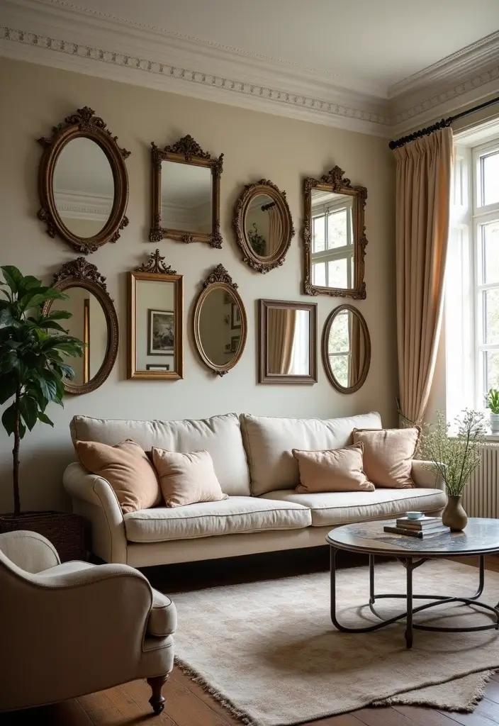 27 Rustic Wall Decor for Living Room Ideas That Add Texture and Charm - 3. Vintage Style Mirrors