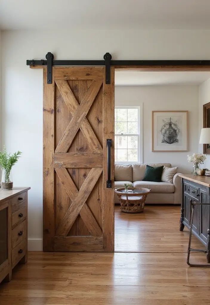 27 Rustic Wall Decor for Living Room Ideas That Add Texture and Charm - 5. Barn Door Decor