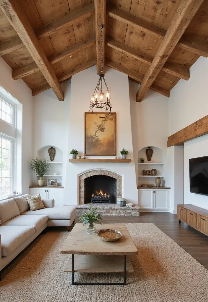 27 Rustic Wall Decor for Living Room Ideas That Add Texture and Charm - 7. Natural Wood Beams