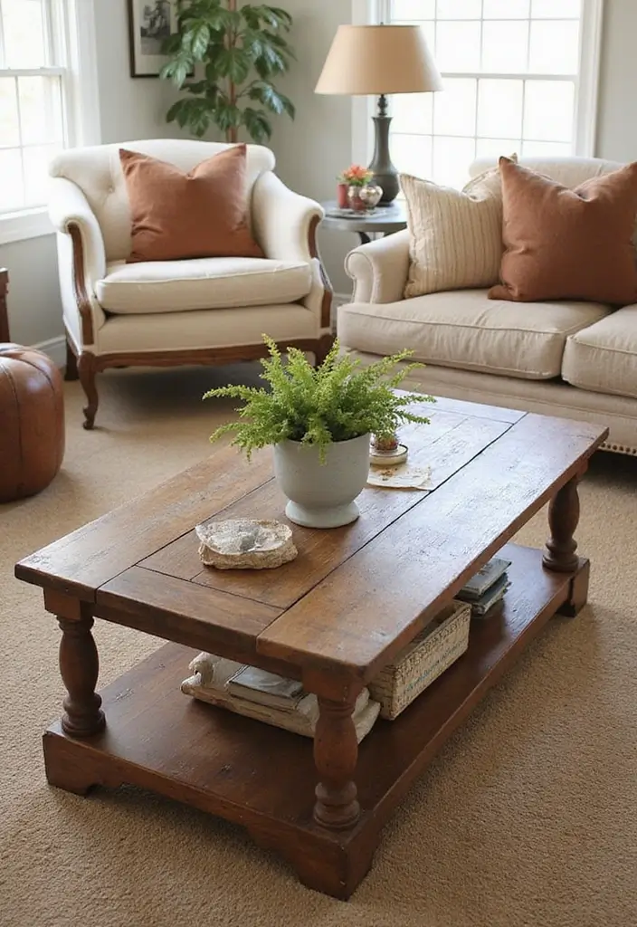 27 Rustic Wall Decor for Living Room Ideas That Add Texture and Charm - 8. Vintage Furniture Accents